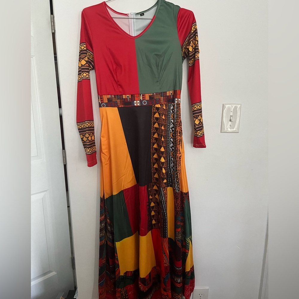 Patchwork Long Sleeve Maxi Dress in Red, Green & Mustard